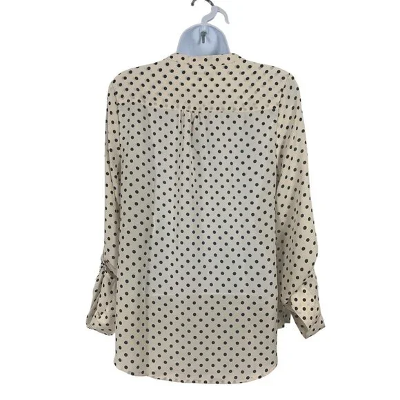 LC Lauren Conrad Button-Front Beige & Black Polka Dot Blouse Rolled Cuffs Medium - Picture 5 of 11